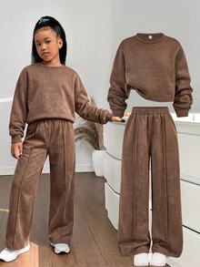 SHEIN 青少年女孩酸洗寬鬆衛衣與百褶寬腿運動褲2件套，棕色調，秋季休閒校園開學咖啡色系穿搭 - 咖啡棕 - 查看 1
