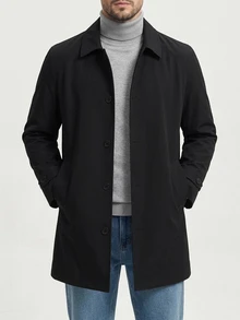 DAZY Vår/Höst Mellanlång svart lös passform enfärgad herrpendlar trenchcoat - Svart - Visa 7