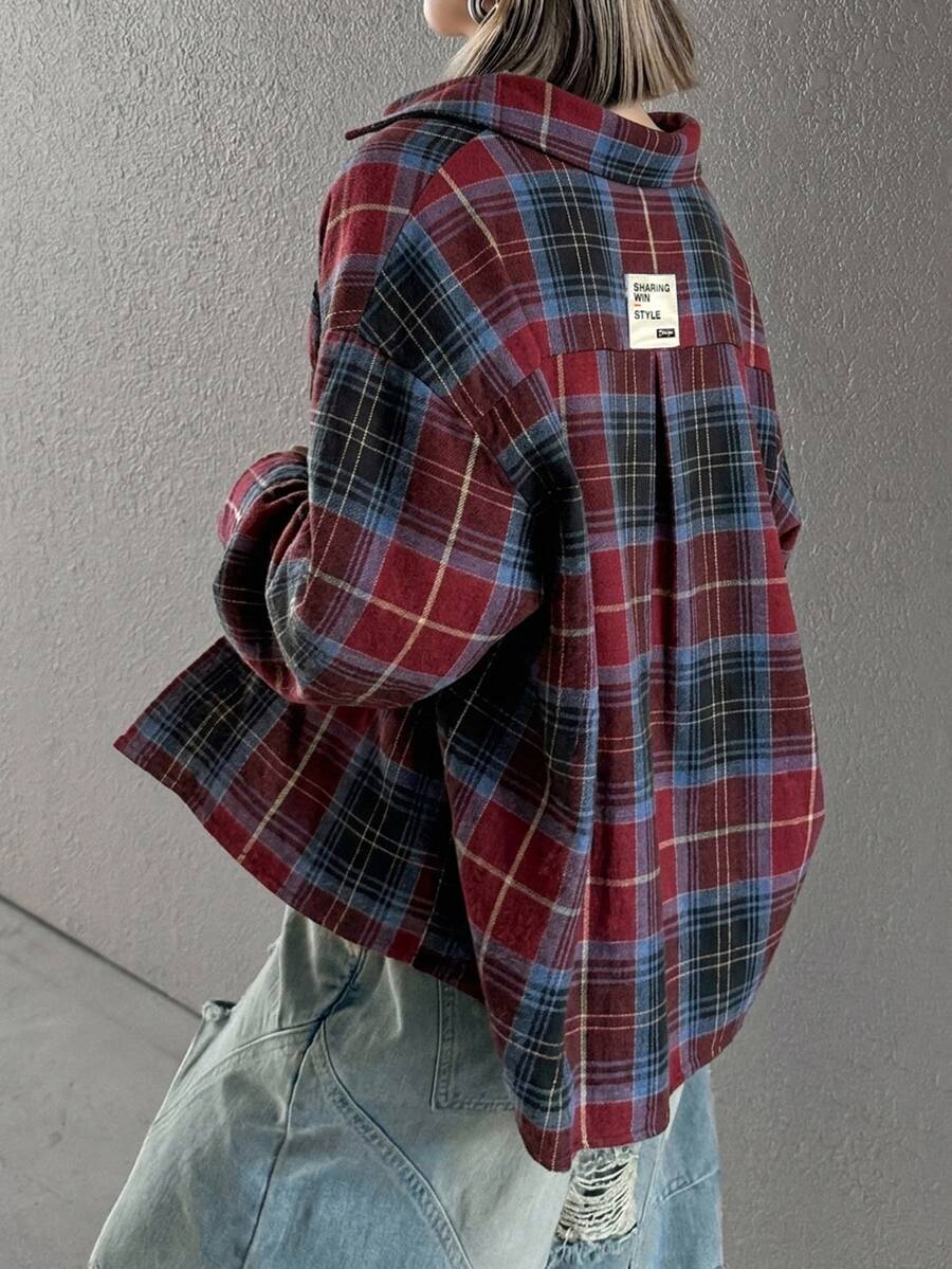 FRIFUL 女款時尚復古格紋襯衫 秋季 - 酒紅色 - 查看 1
