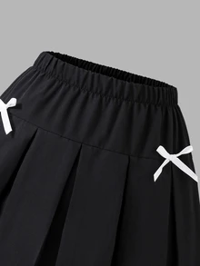 SHEIN 少女領口拼接格紋學院風鈕扣泡泡長袖上衣配鬆緊腰百褶裙，適合春秋穿著 - 黑色 - 查看 5