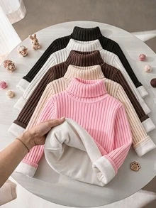 SHEIN EZwear Women's Autumn/Winter Casual Daily Commute Simple Versatile Solid Color Ribbed Knit High Neck Thermal Lined Warm T-Shirt - Multicolor - View 4