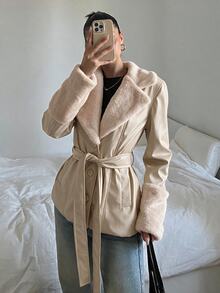 SHEIN EZwear Solid Color Long Sleeve Casual PU Patchwork Waisted Jacket With Drawstring In Fall/Winter - Apricot - View 5