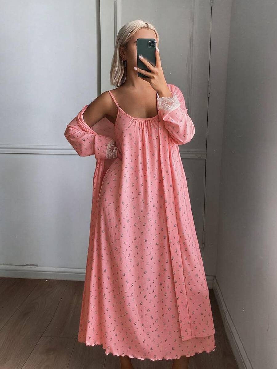 DAZY Women's Ditsy Floral Long Sleeve Robe And Camisole Dress Sleepwear Set Pajamas - Pink - View 1