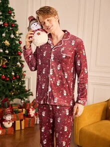Notgurli Men's Flannel Christmas Penguin All-Over Print Pajama Set, Burgundy Lapel Cardigan Long Sleeve Top And Pants, 2 Pieces Autumn/Winter Loungewear - Burgundy - View 6