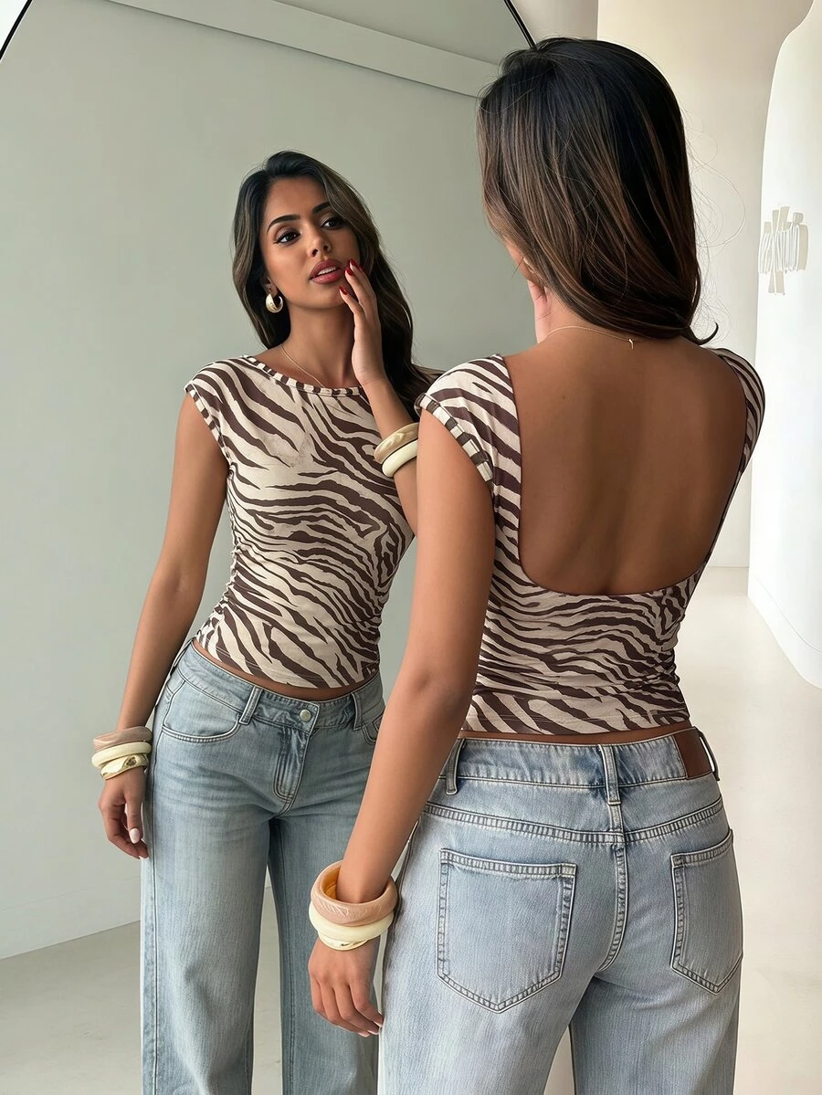 Aloruh Women's New Versatile Zebra Print Short Sleeve T-Shirt, Sexy Backless Top, Early Summer Layering Piece Going Out Night Out Beige - Brown - View 1