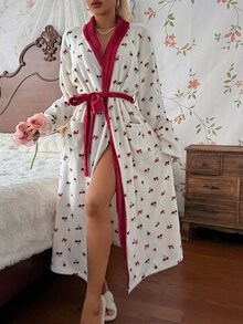 CottageSlumber Fresh Cherry Bow Print Lapel Plush Robe Pajamas Women's Long Sleeve Loungewear Spring Autumn - Burgundy - View 5