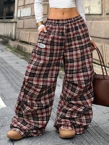 Coolane 女款秋季外出街頭風度假日常休閒基礎款棕色格紋寬腿運動長褲 - 棕色 - 查看 2