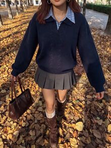 Comfortcana 女款拼色休閒日常穿著毛衣 - 藏蓝色 - 查看 3