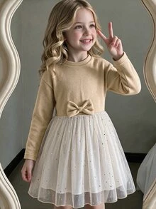 幼女長袖針織蝴蝶結亮片星星薄紗公主洋裝 可愛聖誕生日派對節日服飾 幼兒女童 4-7歲 - 彩色 - 查看 3