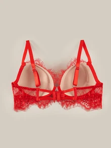 Bralution Bright Red Underwire Molded Cup Push-Up Lift Bra With Eyelash Lace, Elegant Plus Size - Red - View 3