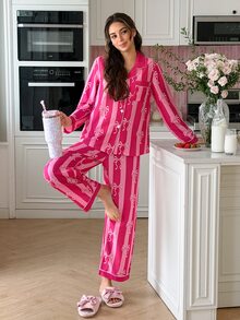 SweetSlumber Sweet Bow Striped Contrast Print Woven Open Front Lapel Women's Pajama Set - Pink - View 4