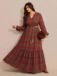 Elaquor 大尺碼女款 V 領格紋休閒日常長洋裝，適合新年派對、慶祝活動、約會 - 紅色 - 查看 6