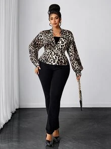 Maweii Plus Size Women's Deep V-Neck Vintage Leopard Print Long Sleeve Top, Street Style Commuter Outfit - Multicolor - View 6