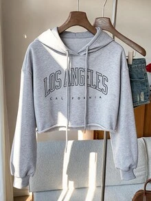 Comfortcana Letter Graphic Drop Shoulder Crop Drawstring Hoodie,Long Sleeve Tops In Fall/Winter - Light Grey - View 6