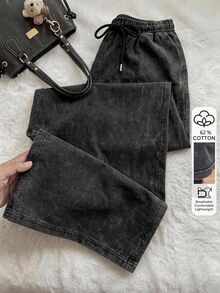 Comfortcana Plus Size Vintage Cargo Style Style Loose Washed Drawstring Black Casual Sports Pants, Suitable For All Seasons, Perfect For Birthday Parties, Vacations And Autumn Outfits - Black - View 1