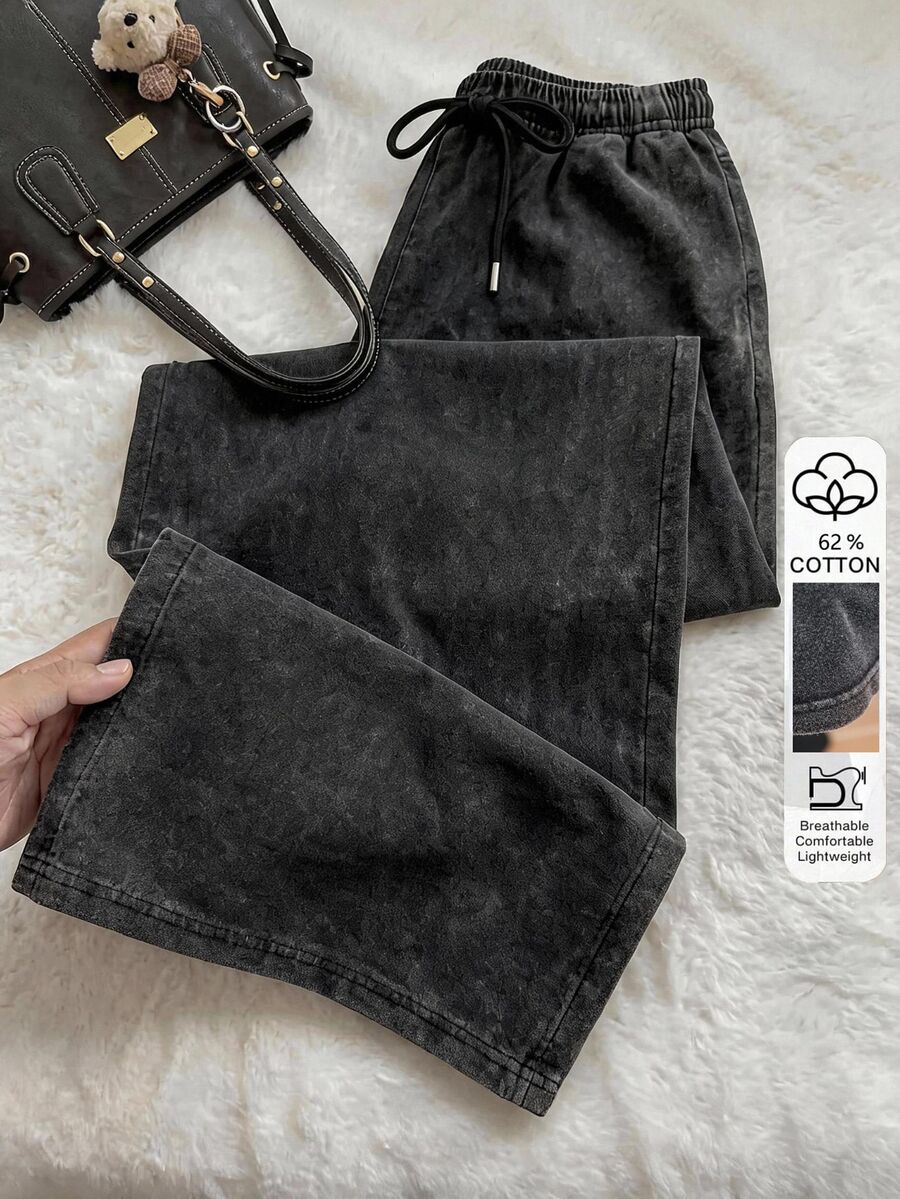 Comfortcana Plus Size Vintage Cargo Style Style Loose Washed Drawstring Black Casual Sports Pants, Suitable For All Seasons, Perfect For Birthday Parties, Vacations And Autumn Outfits - Black - View 1