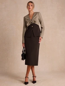 Enchnt Premium Winter Romantic Women's Elegant Brown Color-Blocked Suit Jacket And Skirt Set,Work Outfits,Going Outfits,Formal Outfits,Office Outfit - Brown - View 4