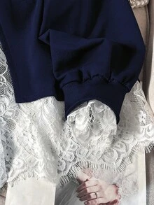 Lacomfia 女款 2 合 1 長袖蕾絲拼接休閒百搭大尺碼運動衫 - 彩色 - 查看 8