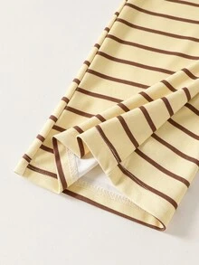 SHEIN 黃色與棕色條紋 3 件套：立領夾克 + 吊帶背心 + 喇叭褲，修身不緊繃，適合學校與運動 - 黃色 - 查看 6