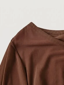 SHEIN MOD Plus Size Women's Solid Slant Shoulder Layered Ruffle Hem Shoulder Dress ,Fall/Winter - Camel - View 5