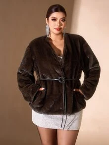 Cravure Plus Size Vintage Elegant Long Sleeve Faux Fur Coat Winter - Coffee Brown - View 3
