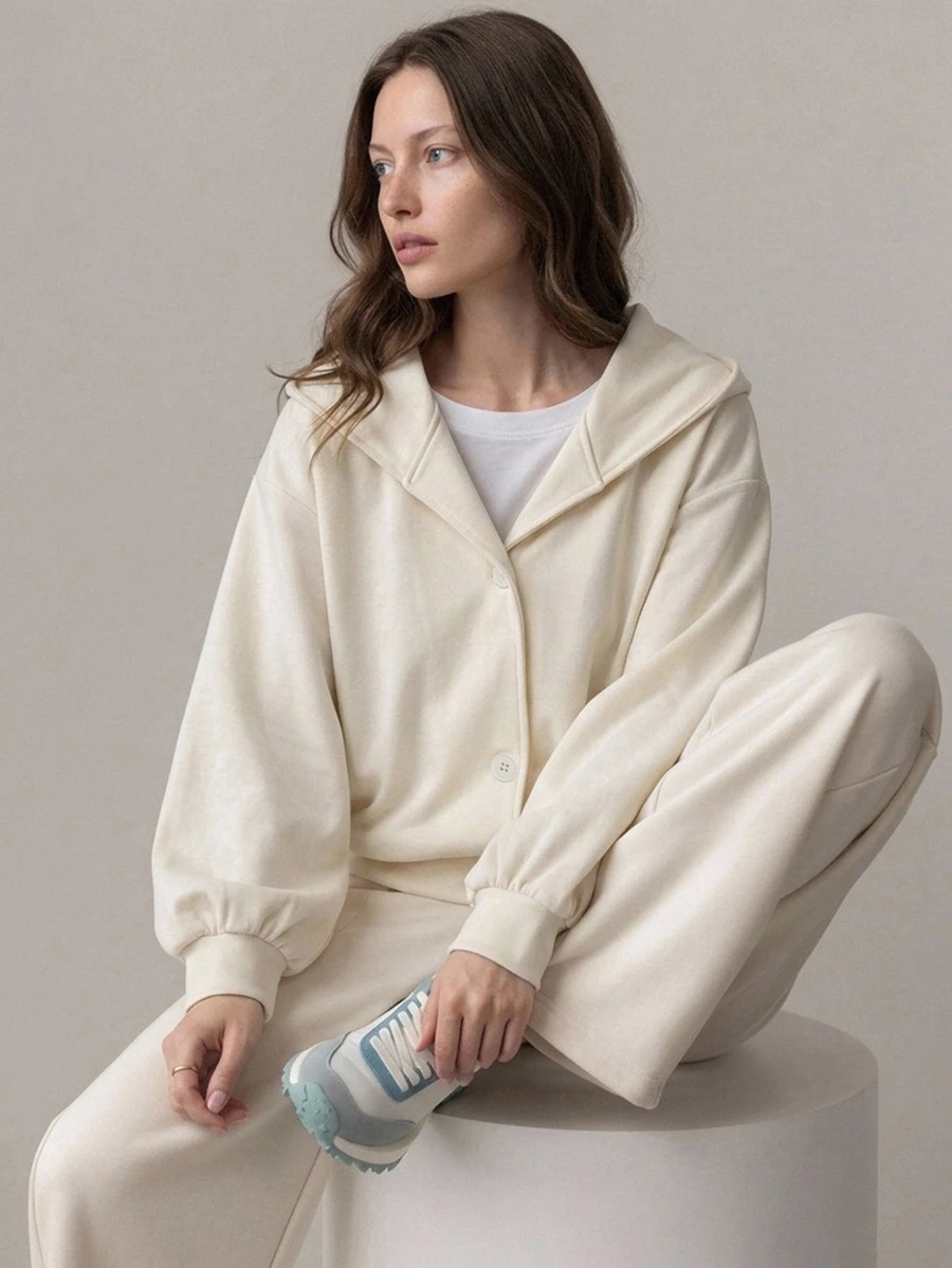 Dazy-Less Autumn/Winter White Round Neck Long Sleeve Solid Color Loose Drop Shoulder Casual Versatile Women's Sweatshirt - White - View 1