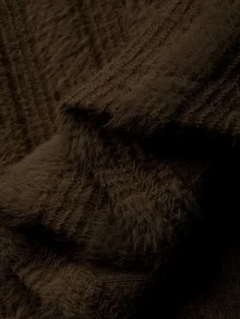 DAZY 秋冬深色底紋條紋刷毛黃色繫帶抽繩 2 合 1 拼接修身喇叭袖掛脖長袖女款 T 恤 - 棕色 - 查看 3