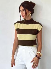 Firerie Elegant High Neck Loose Casual Versatile Sleeveless Knitted Striped Sweater Vest, Suitable For Dating, Chic - White - View 7