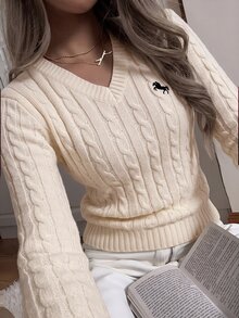 SHEIN EZwear 女款休閒V領長袖針織毛衣，酒紅色，秋季，學校，返校季騎士圖案日常簡約聖誕上衣，紅色上衣 - 杏色 - 查看 3