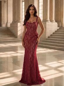 Coutiva Women's Evening Dress Lace Spaghetti Strap Floor Length Gown Suitable For Wedding, Party, Gift, Holiday, Date, Formal Dinner, Afternoon Tea - Red - View 7