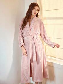 MOTF PREMIUM WOMEN'S SOFT BELTED PLUSH ROBE, COMFORTABLE LOUNGEWEAR - Pink - View 6