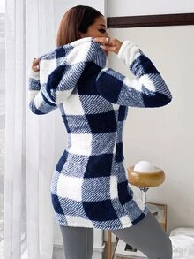 SHEIN EZwear 格紋毛絨女款長袖連帽休閒外套 秋冬款 - 寶藍色 - 查看 2
