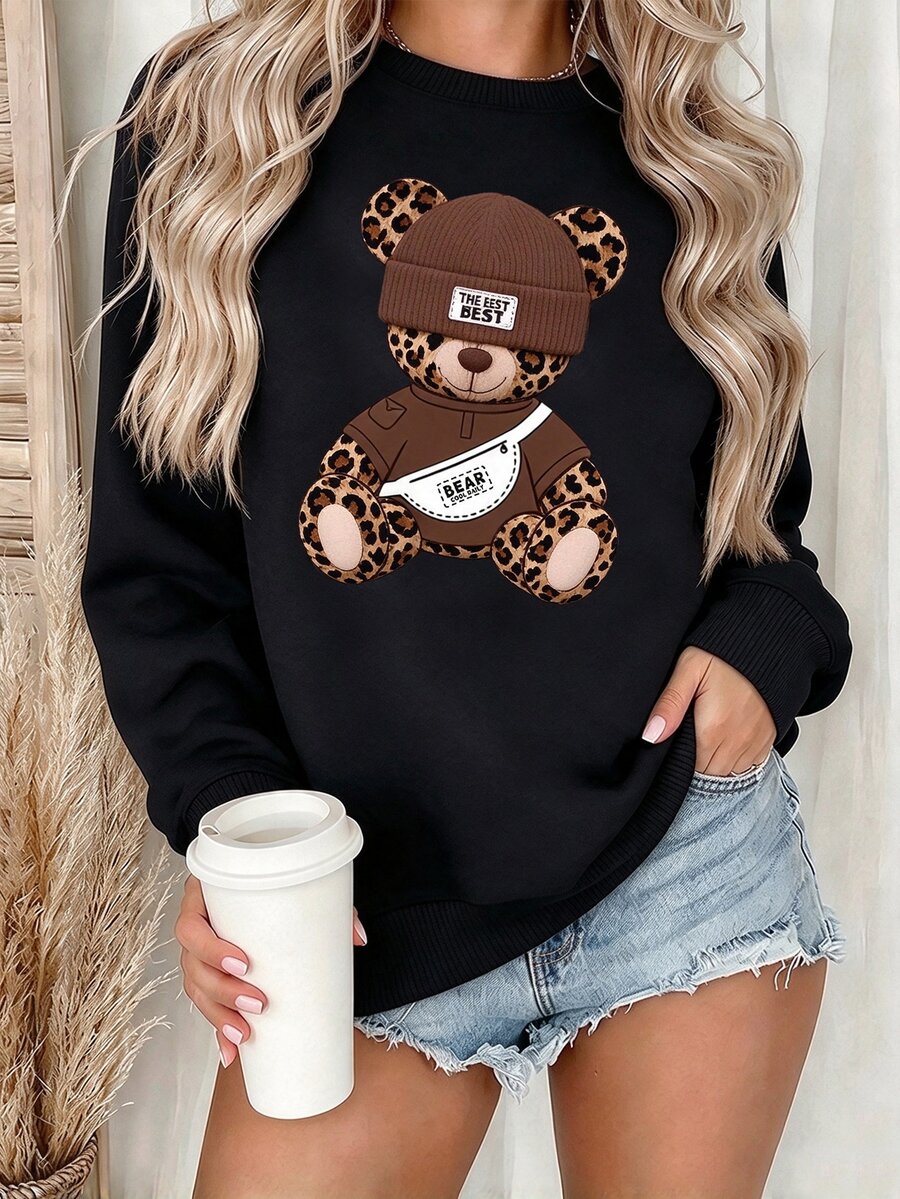 EMERY ROSE 女款「THE BEST BEAR」泰迪熊印花街頭風圓領運動衫 - 黑色 - 查看 1