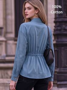Cévolie French Commuter Style Stand Collar Double Pocket Shirt Women Drawstring Waist Loose Long Sleeve - Blue - View 2