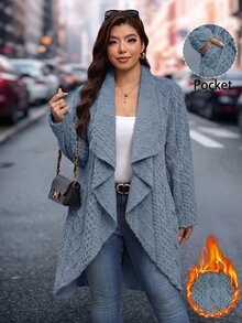 SHEIN Clasi 大尺碼秋季瀑布領米色保暖大衣 正式晚宴教師款 優雅休閒商務休閒 度假晚宴冬季 - 霧霾藍 - 查看 8