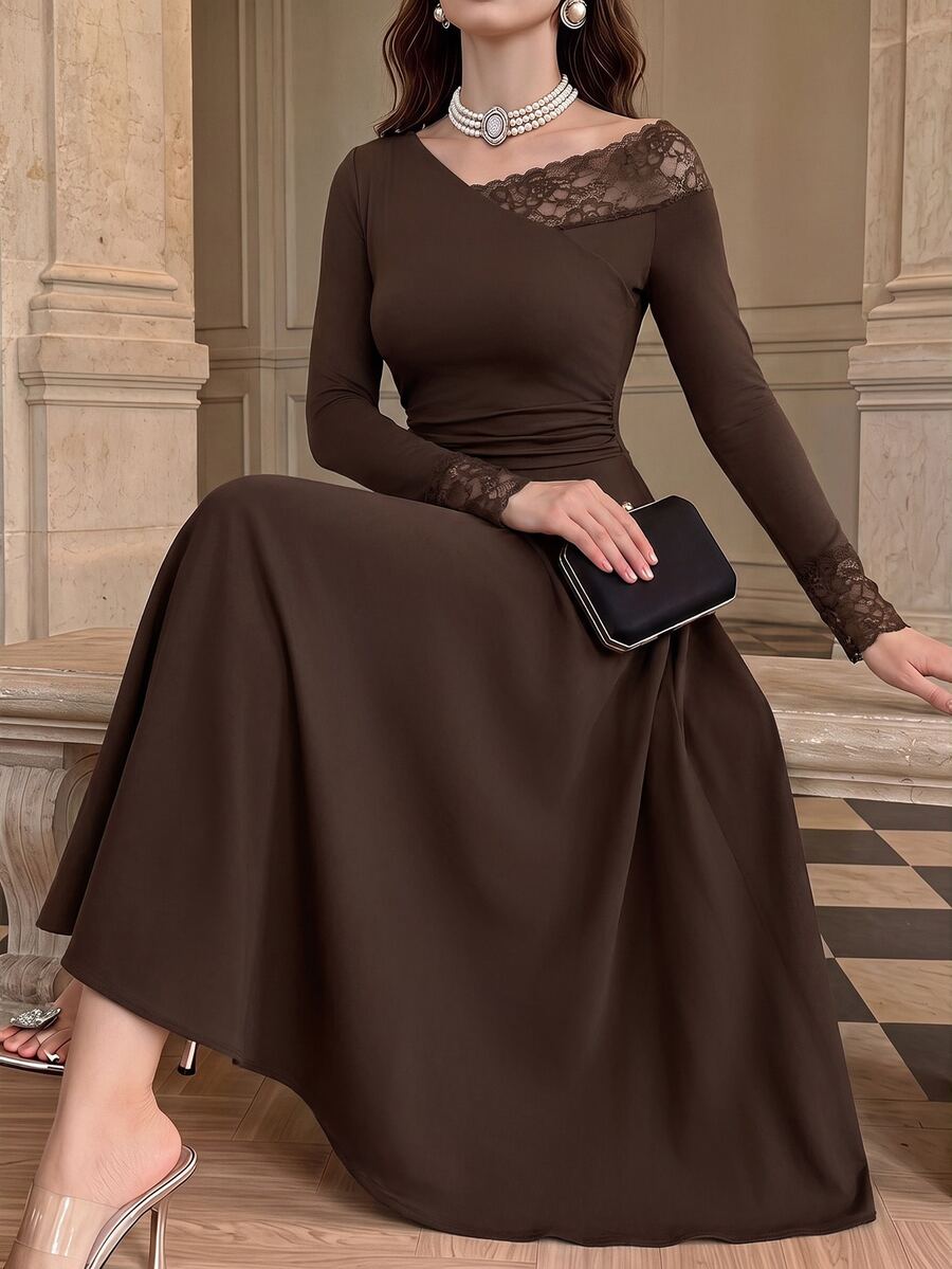 Vintamour Women's French Lace Patchwork Pleated Dress - Coffee - View 1