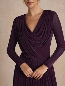 Enchnt Women's Solid Color V-Neck Pleated Casual Party Long Dress - Red Violet - View 2