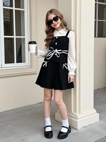 SHEIN 少女領口拼接格紋學院風鈕扣泡泡長袖上衣配鬆緊腰百褶裙，適合春秋穿著 - 黑色 - 查看 3