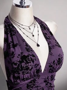 SHEIN ICON 女款大尺碼復古性感休閒千禧風Y2K優雅哥德約會深V領掛脖黑色網紗植絨蛋糕裙冬季 - 紫色 - 查看 6