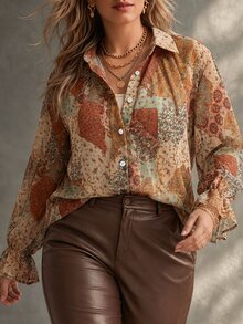 Ceyna بلوزة كاجوال للعطلات وحفلات عيد الحب، مقاس كبير، خريف/شتاء، بنمط باتشوورك من قماش الشيفون، أكمام طويلة - متعدد الألوان - مشاهدة 4