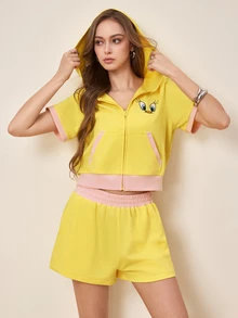 LOONEY TUNES X SHEIN طقم Letytong هودي قصير الأكمام بتطريز تعبير كرتوني TWEETY وألوان متباينة & شورت بتطريز إنجليزي وألوان متباينة - أصفر - مشاهدة 7
