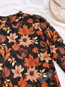 Soleia 大尺碼新款葉子印花喇叭袖修身上衣，波希米亞風，度假、秋季、復古、假日、夏季、春季、海灘、外出、畢業、度假 - 橘色 - 查看 6
