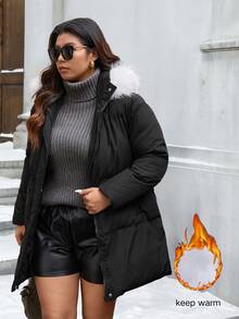 Easura Plus Size Warm Faux Fur Patchwork Hooded Padded Coat With Pockets - Black - View 6