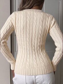 SHEIN EZwear 女款休閒V領長袖針織毛衣，酒紅色，秋季，學校，返校季騎士圖案日常簡約聖誕上衣，紅色上衣 - 杏色 - 查看 2