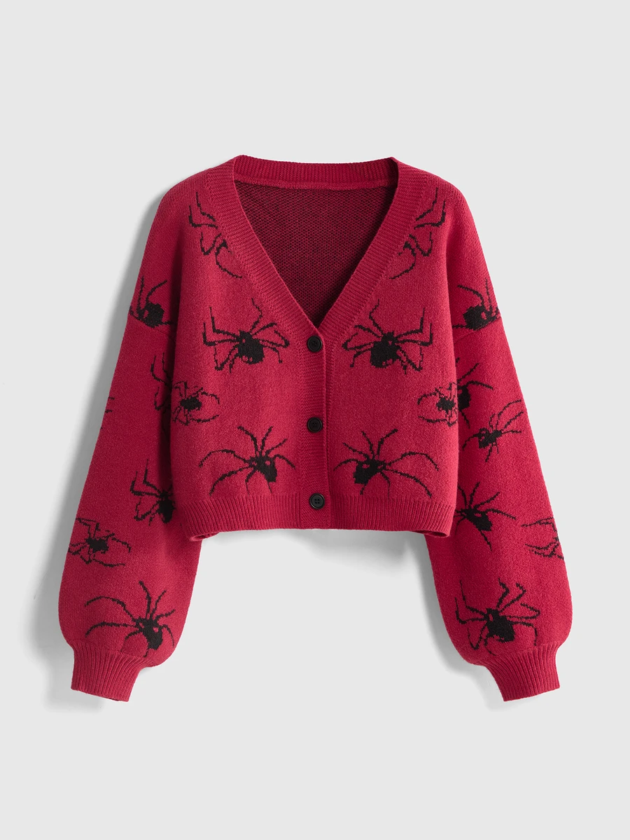 ROMWE Dark Gothic Cherry Skull Embroidery Contrast Color Short Loose Knit Cardigan - Red - View 1