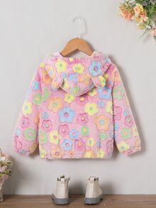 SHEIN 女童秋冬休閒卡其色豹紋毛絨拉鍊連帽外套，附提花細節 - 粉色 - 查看 2