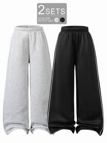 SHEIN 2件組 Vacaura 男款極簡休閒時尚運動黑色與灰色抓絨直筒運動長褲，適合春、秋、冬季節 - 彩色 - 查看 3