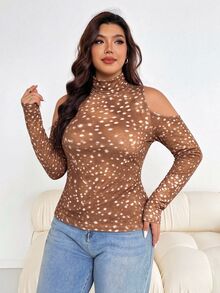 SHEIN Essnce 鹿紋休閒極簡修身露肩高領大尺碼T恤 秋冬款 - 彩色 - 查看 3