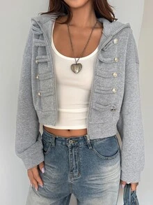 DAZY Vintage Napoleon Court Style Distressed Button Hooded Sweatshirt - Grey - View 5