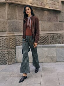 Nöista Geometric Print Trousers With Contrast Piping And Statement Pockets. High Waist And Flared Leg Create A Bold Retro Inspired Silhouette. - Navy Blue - View 2